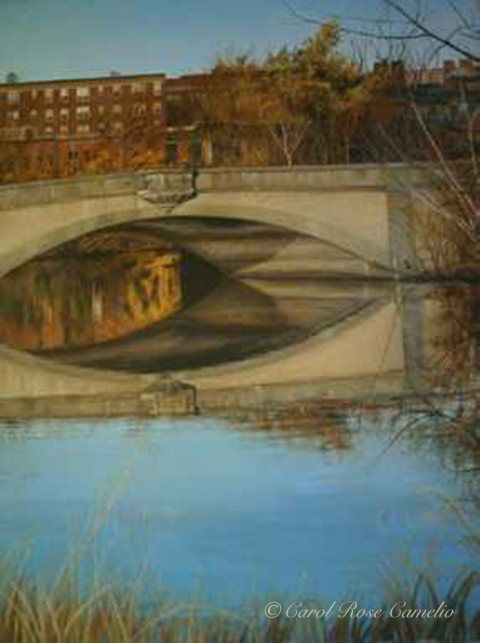 Autumn: An urban scene of a bridge over the reflective Mystic River.