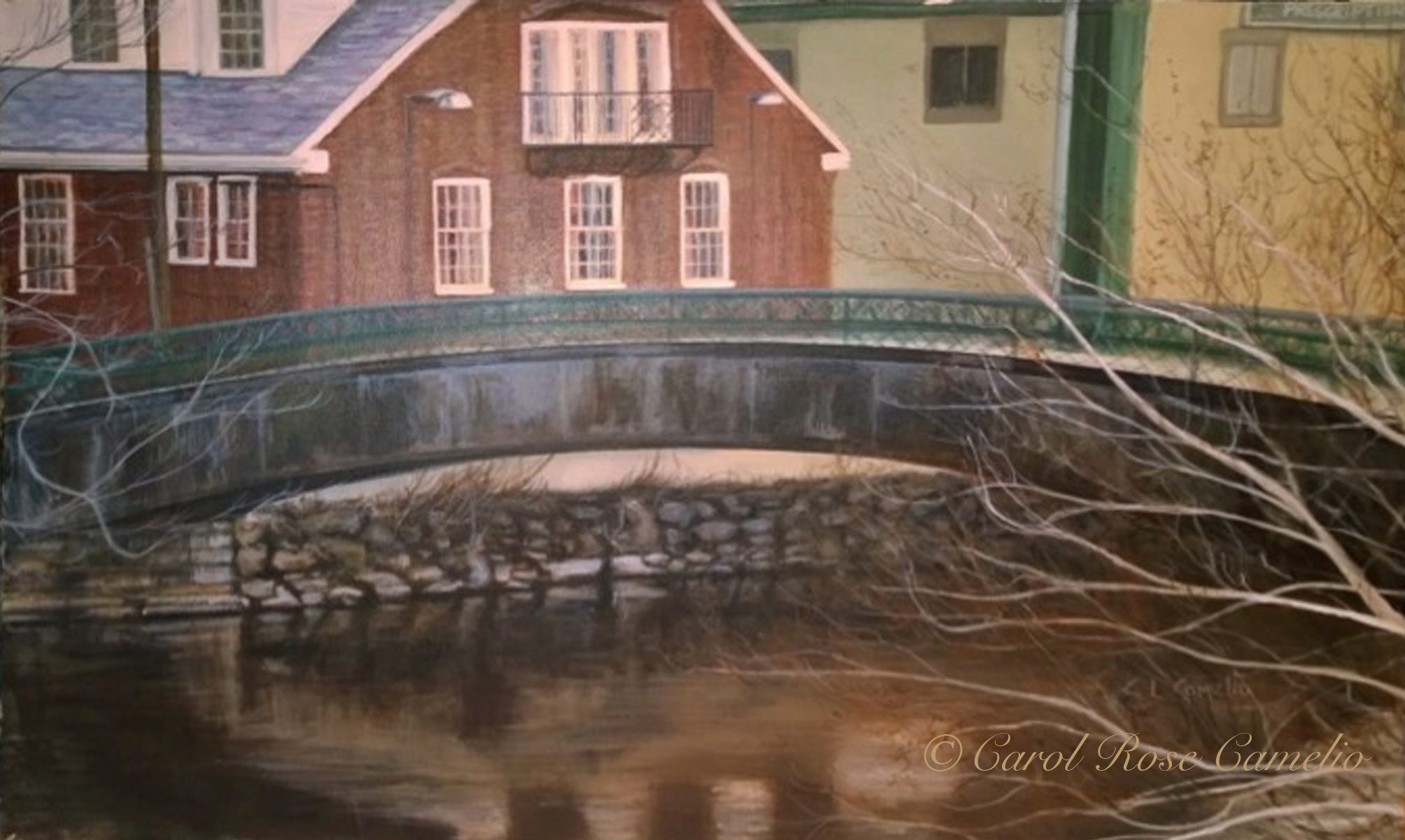 Footbridge Over the Mystic: A sunny autumn scene of a small urban bridge crossing the Mystic River.