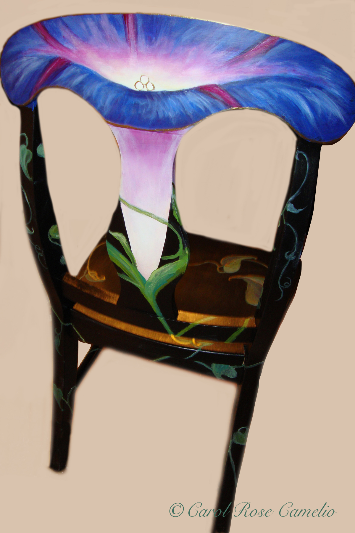 Glorious Morning, Back: The same chair as the previous image, with a morning glory design on the back as well.