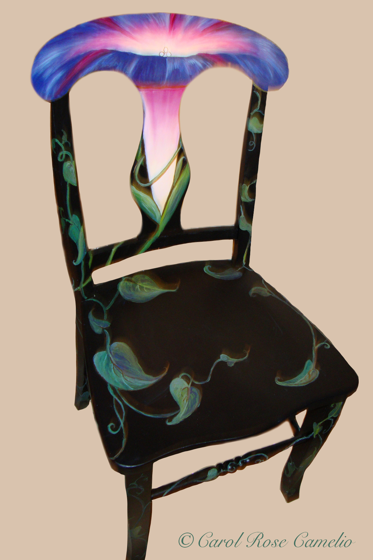 Glorious Morning, Front: The front of a black wooden chair; its back has been painted with a bright purple morning glory, and the remainder is decorated with leafy vines.