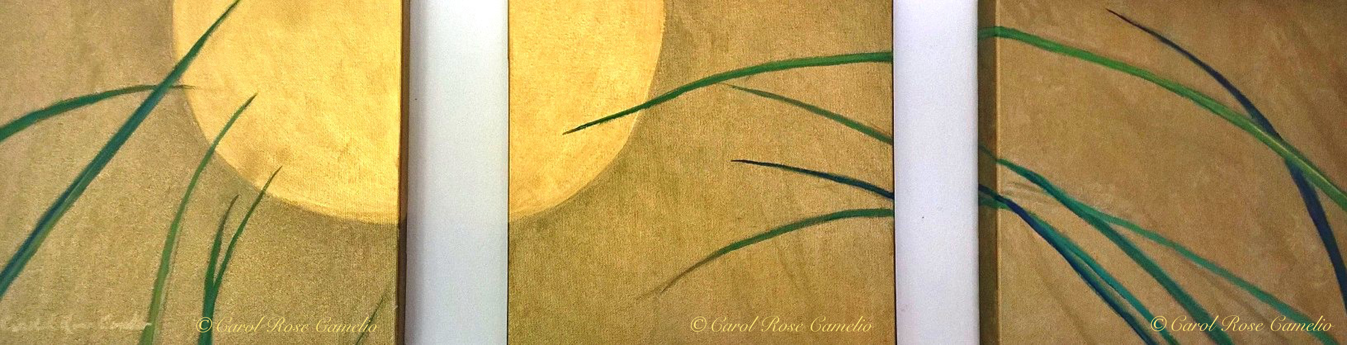 Golden Moon: Long sprigs of grass frame a bright full moon against a golden sky (3 pieces).