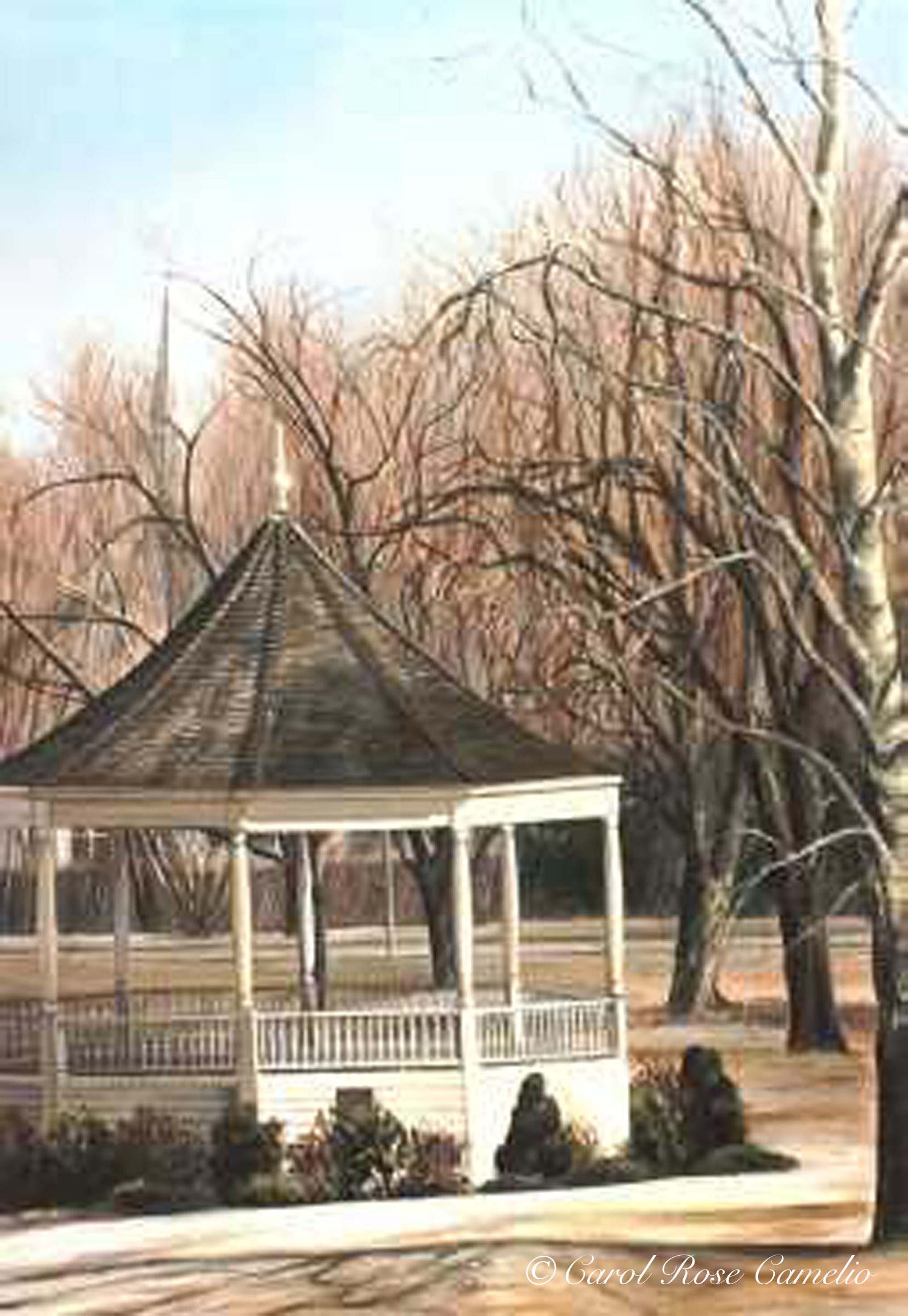 Hastings Park Gazebo: An autumn scene of a white gazebo surrounded by trees.