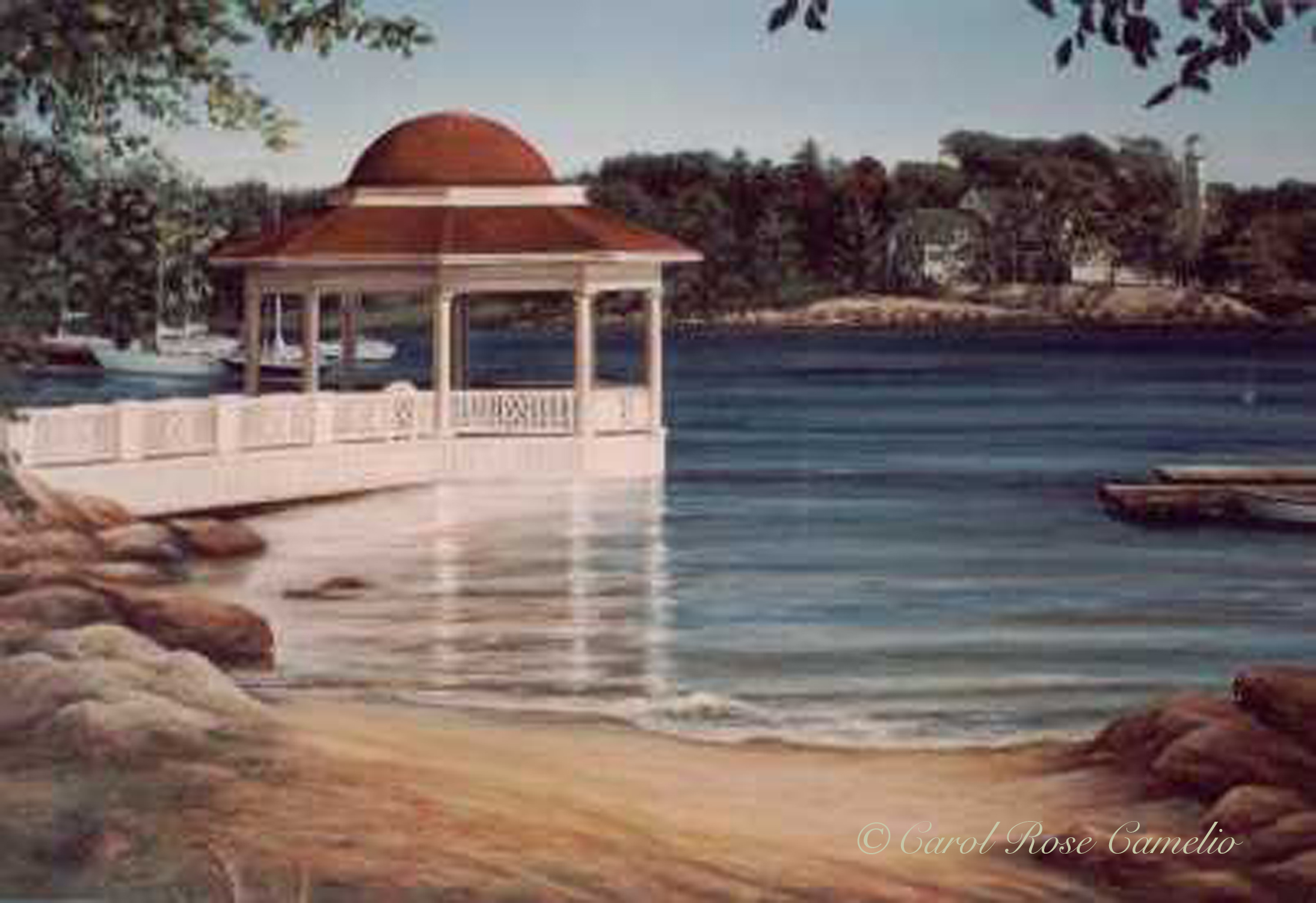 Manchester by the Sea: A coastal scene of a red-roofed gazebo on the water.