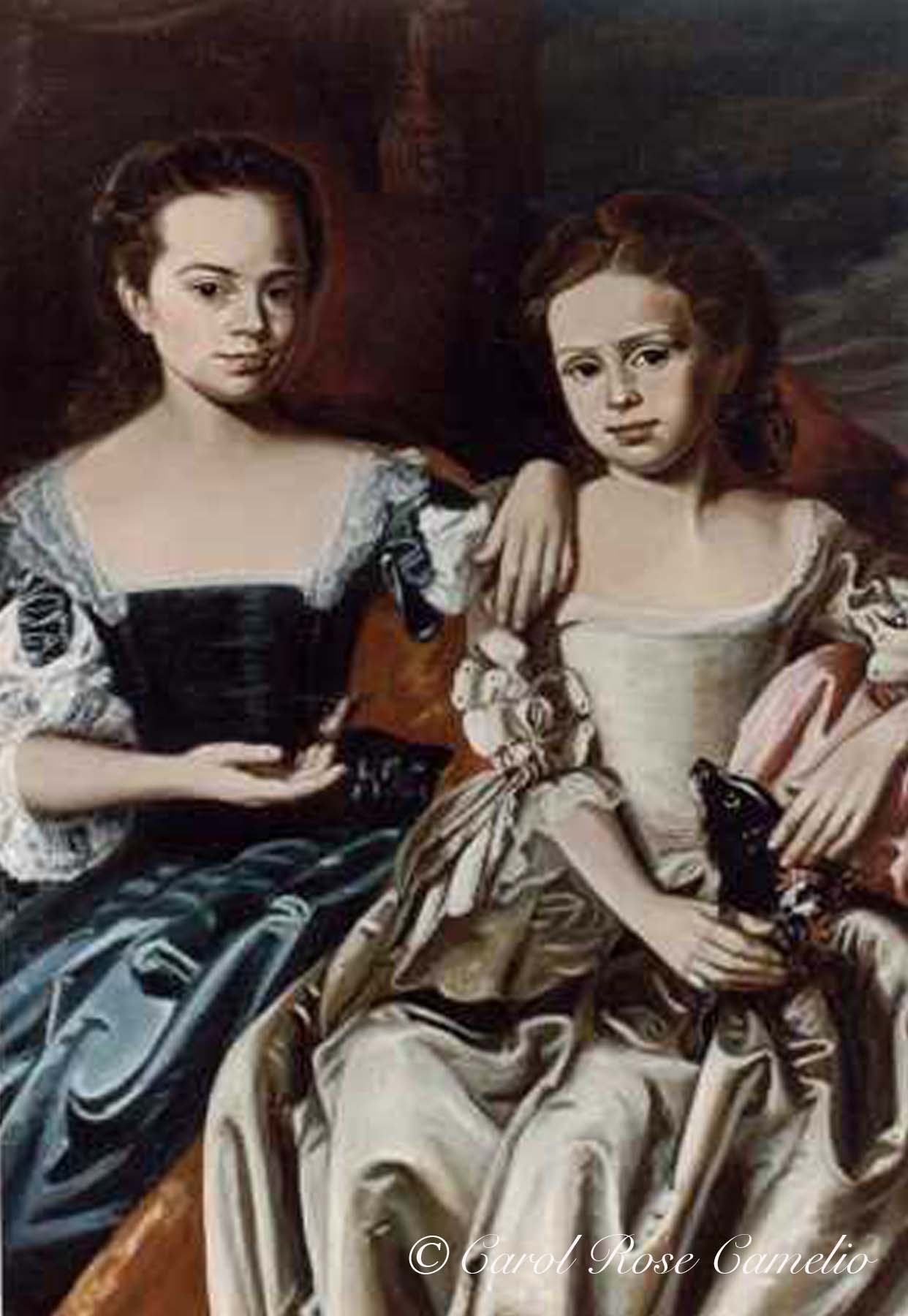 Mary and Elizabeth Royall: A portrait of the Royall sisters, two young women in period dress, holding a small bird and a tiny black dog respectively. A reproduction of the original 18th century painting by John Singleton Copley.