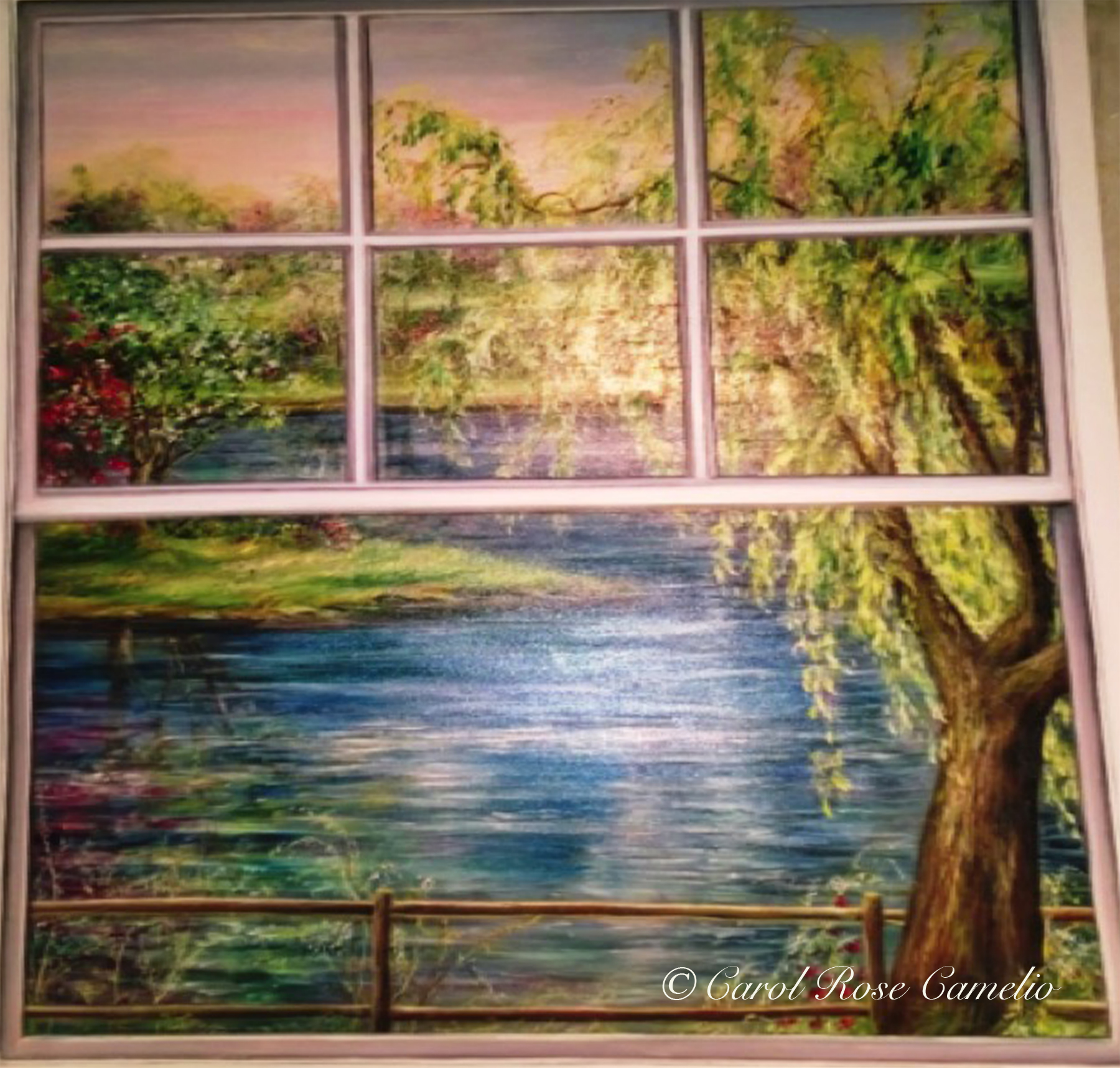 The Pond: A brightly-lit pond surrounded by colorful trees, as seen through a window.