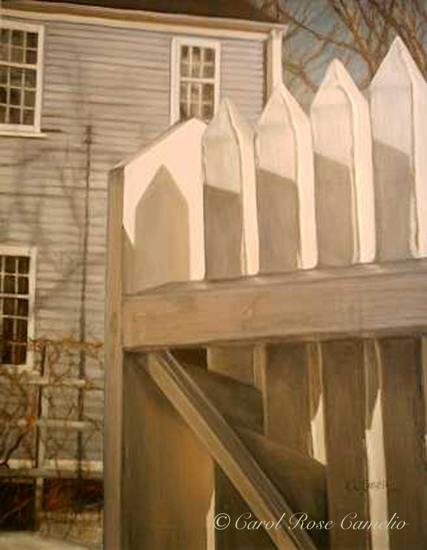 Royall House Gate: A closeup of a shaded wooden gate, with the slave quarters of the Isaac Royall house in the background.
