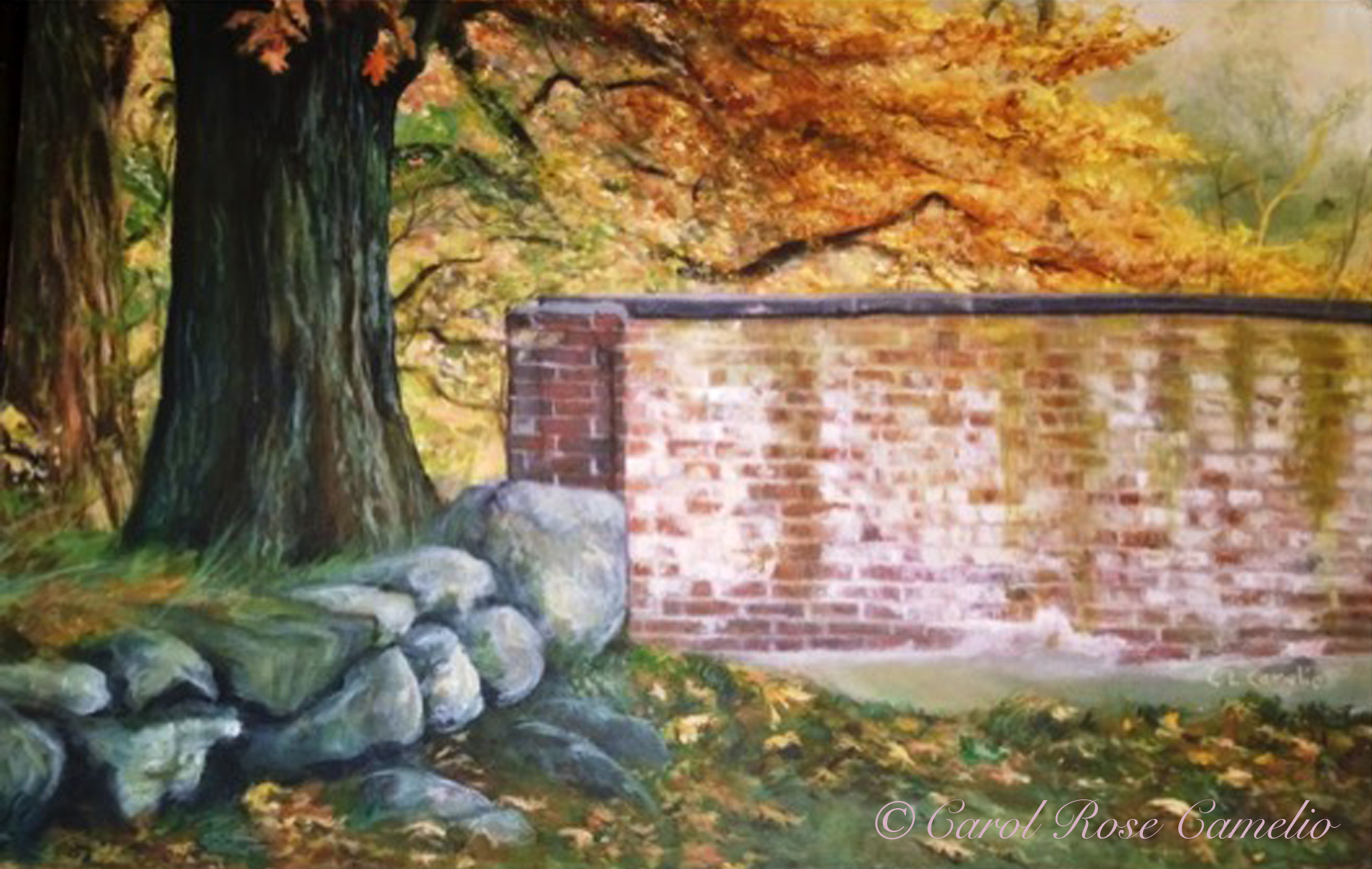 Slave Wall: A section of brick wall and a smaller stone wall, surrounded by autumn foliage.