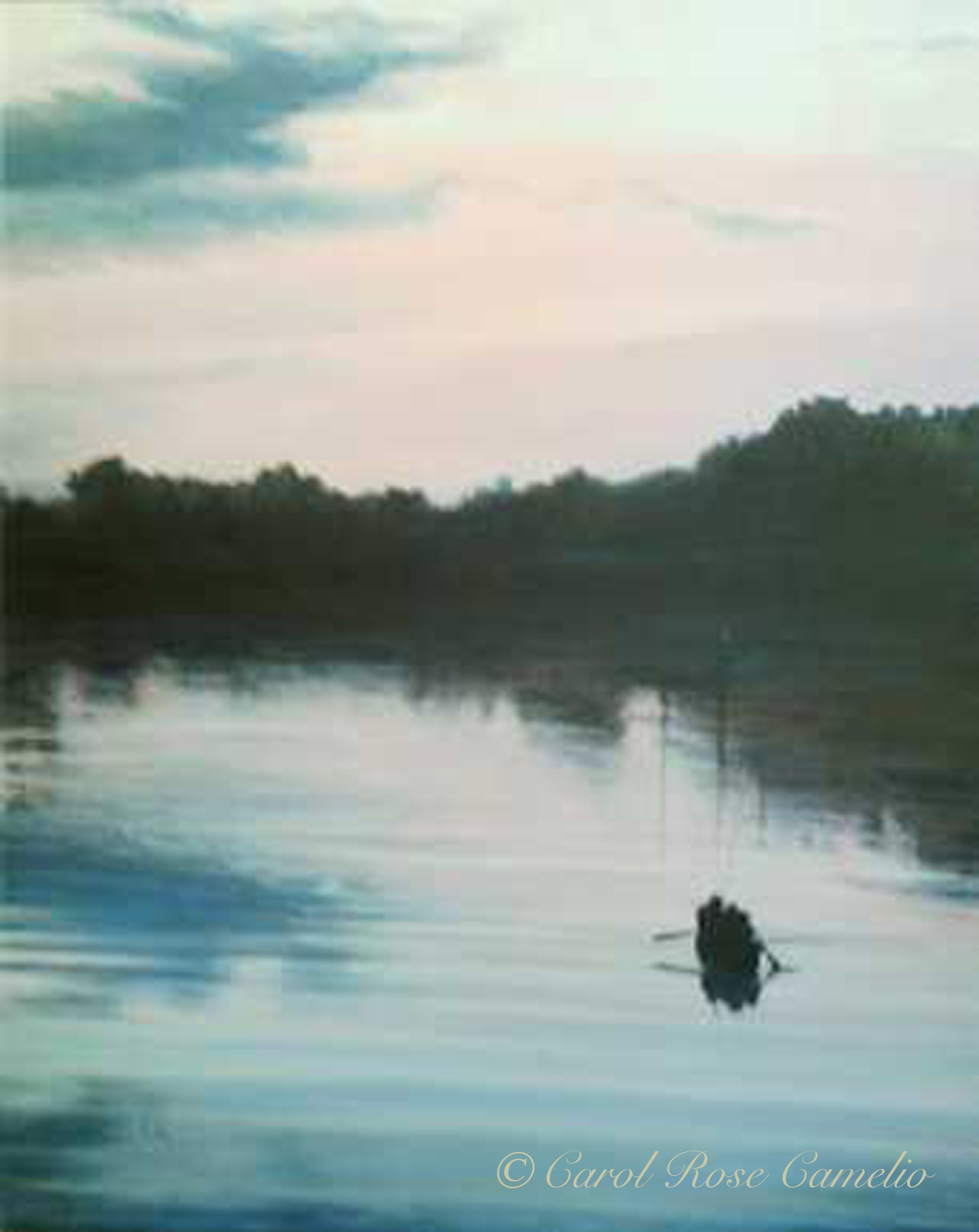 Summer Along the Mystic: A dusk scene of a couple on a lone rowboat, traversing a wide, forested river.