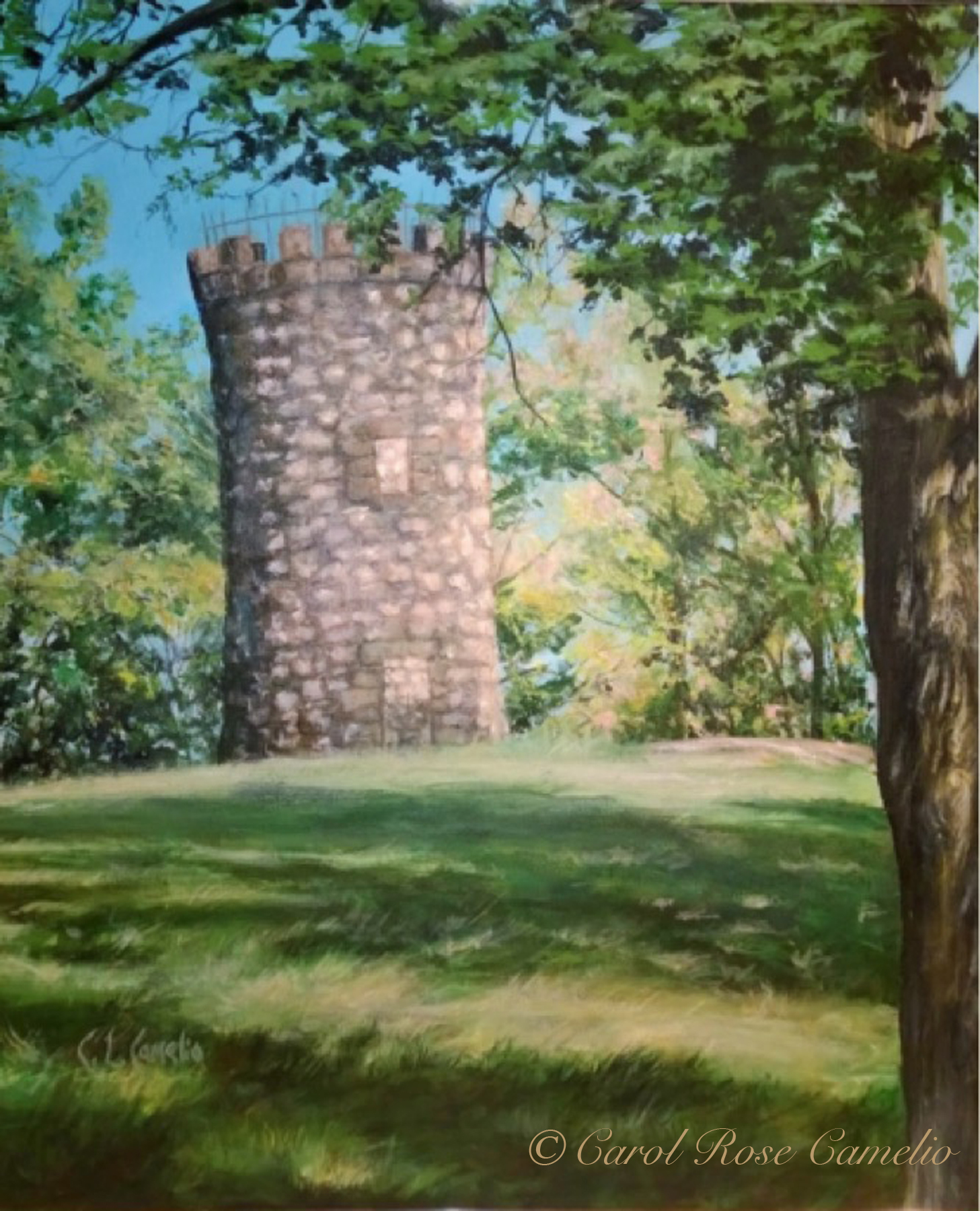 The Tower: A short stone tower on a grassy, wooded hill.