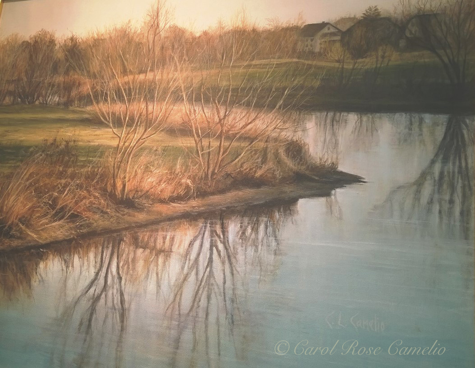 View from Boston Ave.: A pastoral riverside landscape in autumn, decorated with leafless trees.