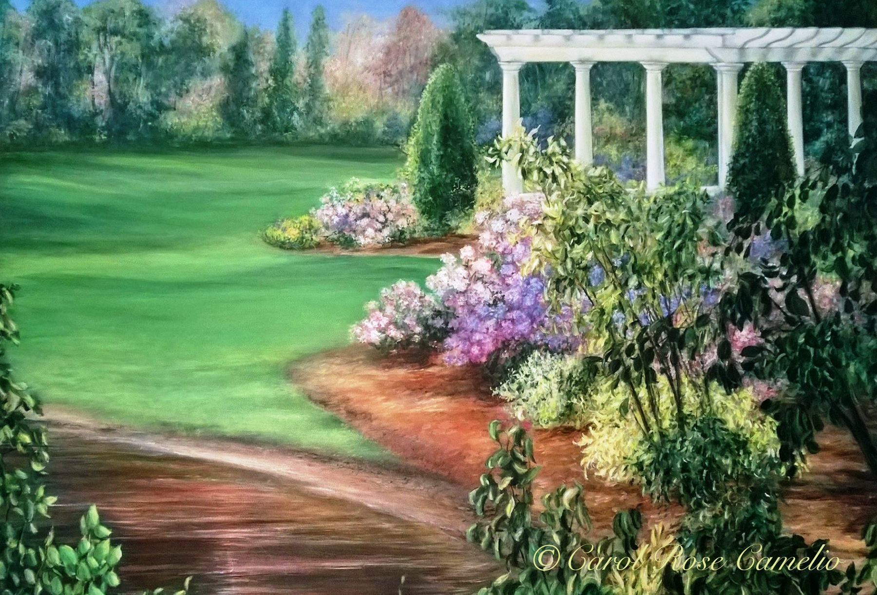 Vineyard Garden: A colorful, well-kept garden next to a pond, featuring a white pergola with round columns.