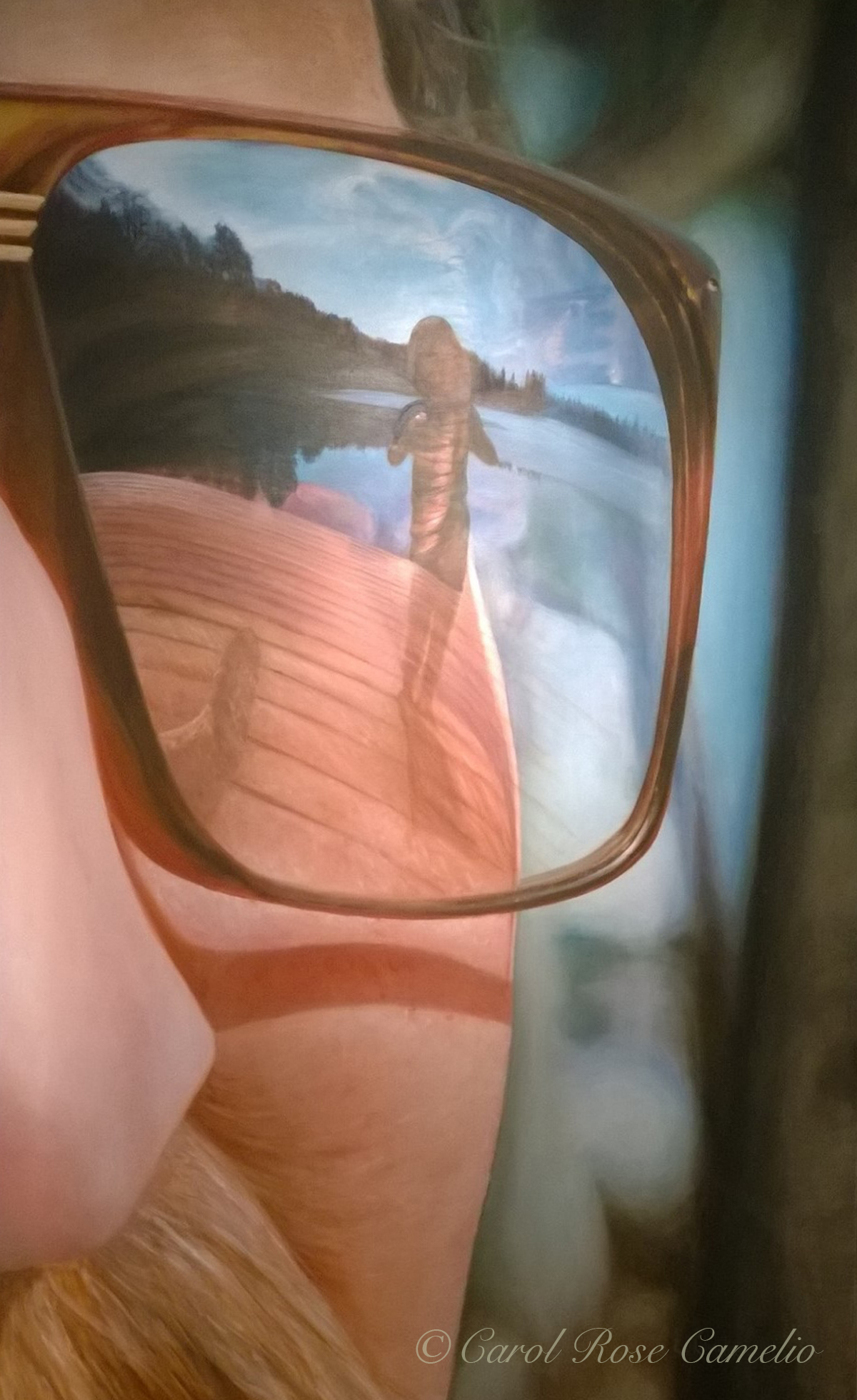 Visionpoint: A closeup of a man's sunglasses, reflecting the image of a small boy on a lakeside dock.