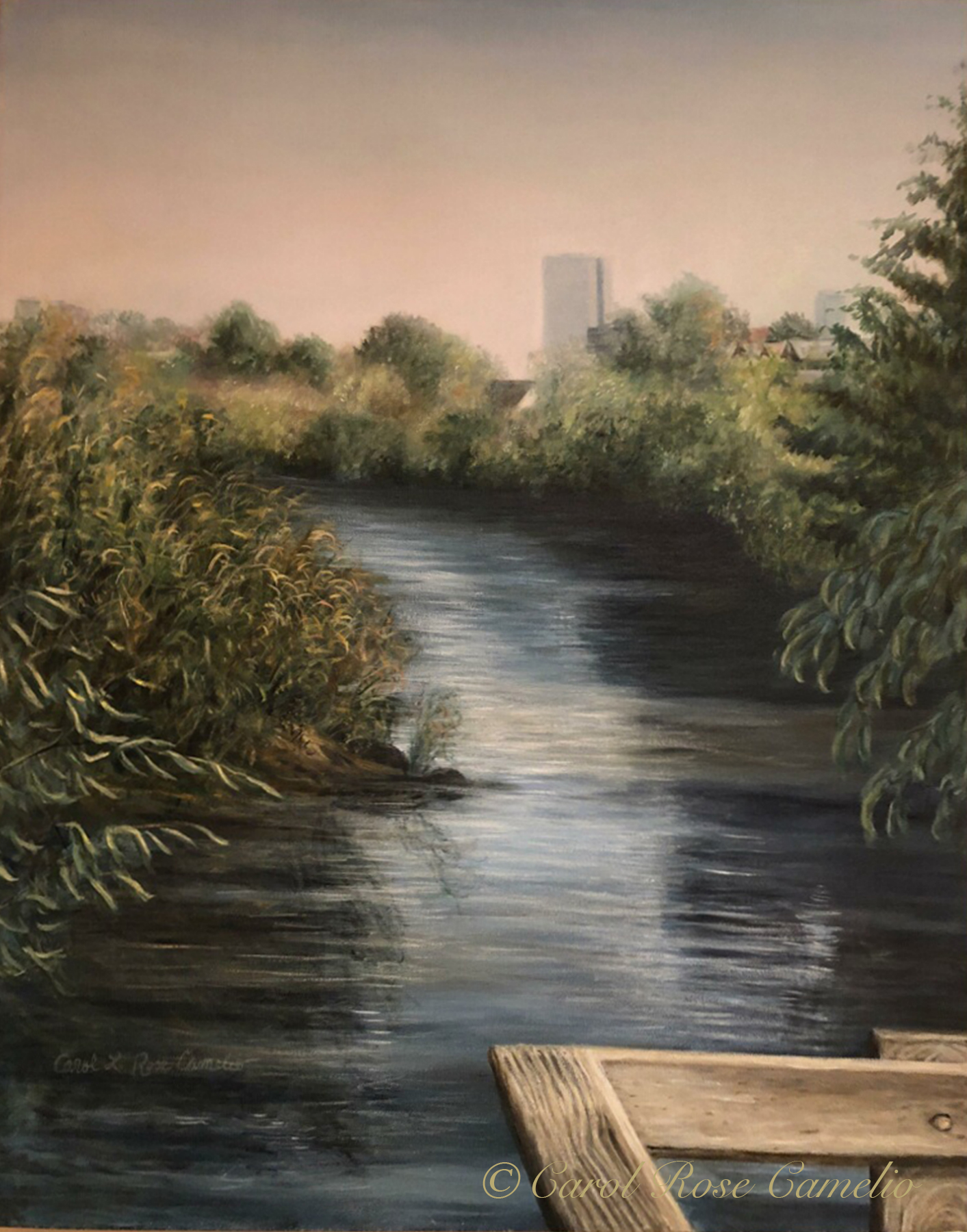 Wellington: A wooded river scene with Boston's Hancock Tower in the distance.